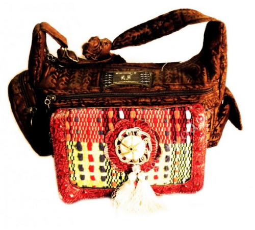 Сумка жіноча шкіра + текстиль + намистини №1